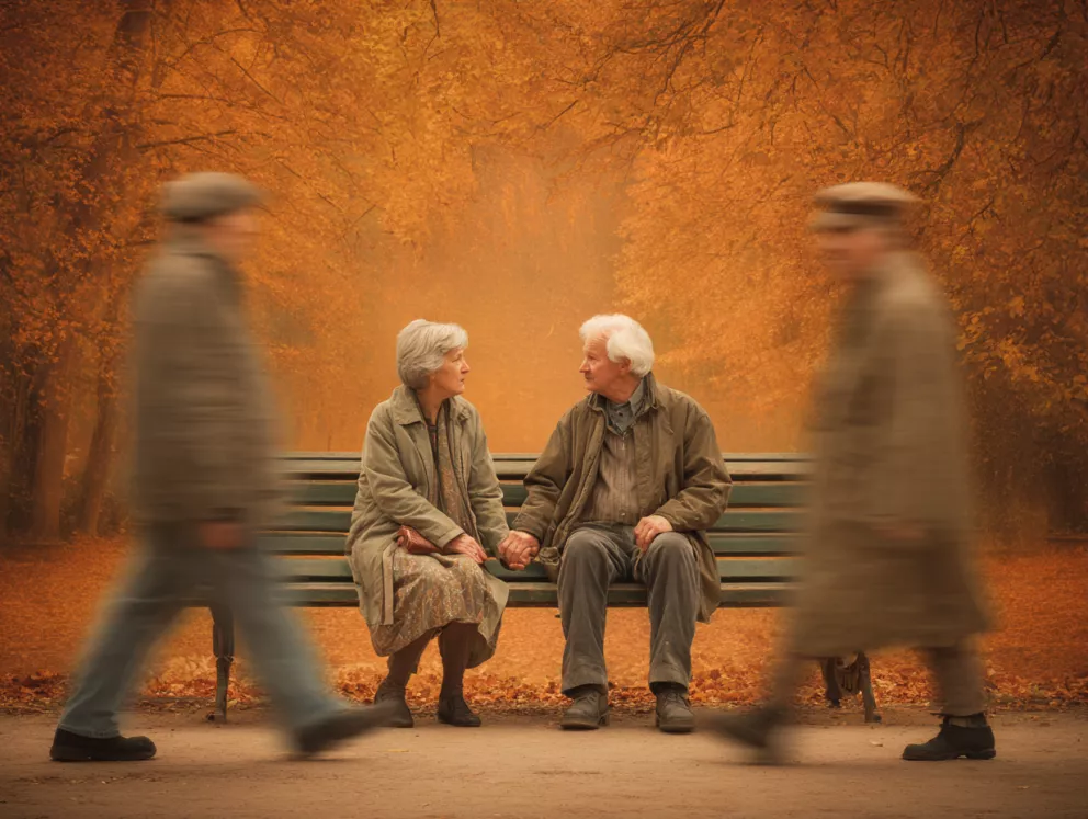 starší pár sedící na lavičce