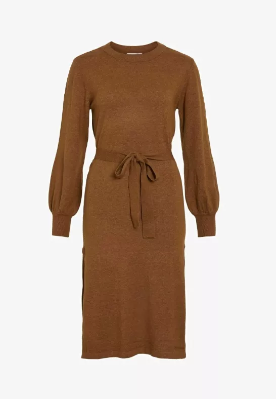 Karamelové midi šaty s vázáním v pase, VILA, 1 299 Kč