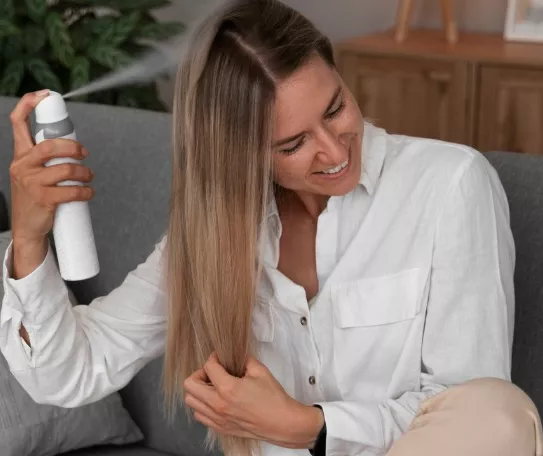 žena s lakem na vlasy