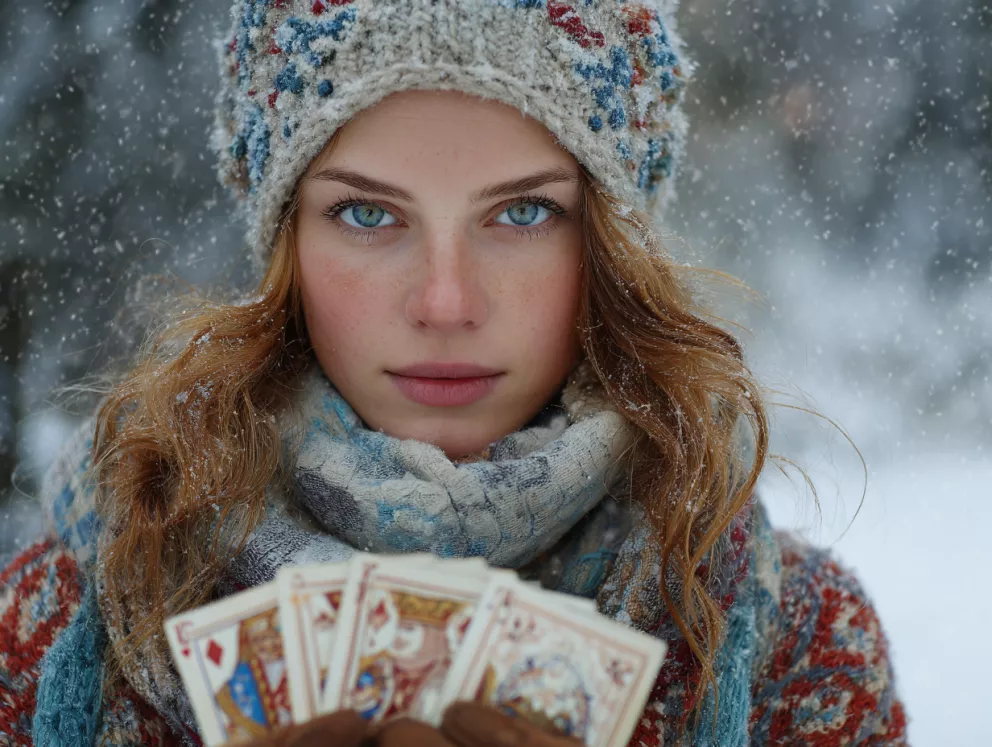 žena v zimní krajině s taroty v ruce