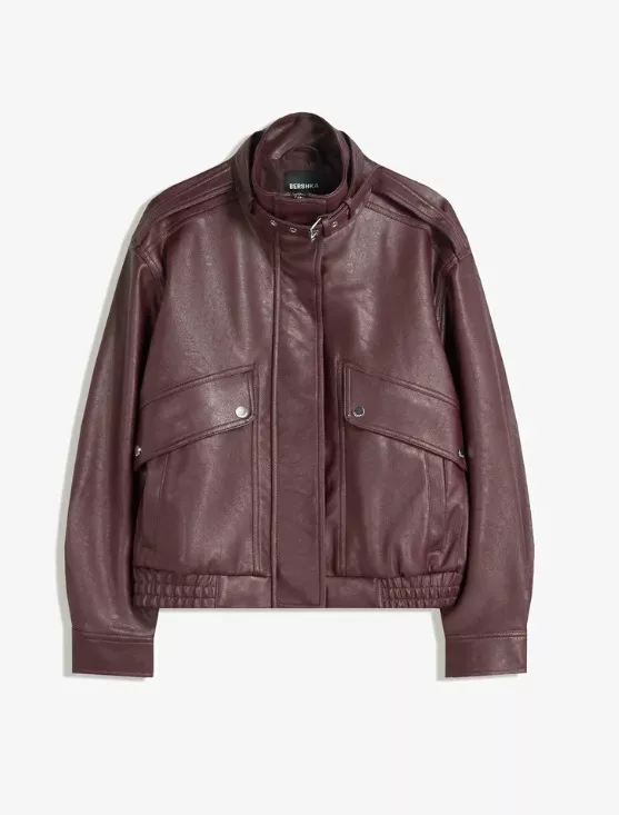 Koženková bunda v odstínu bordó, Bershka, 1 199 Kč
