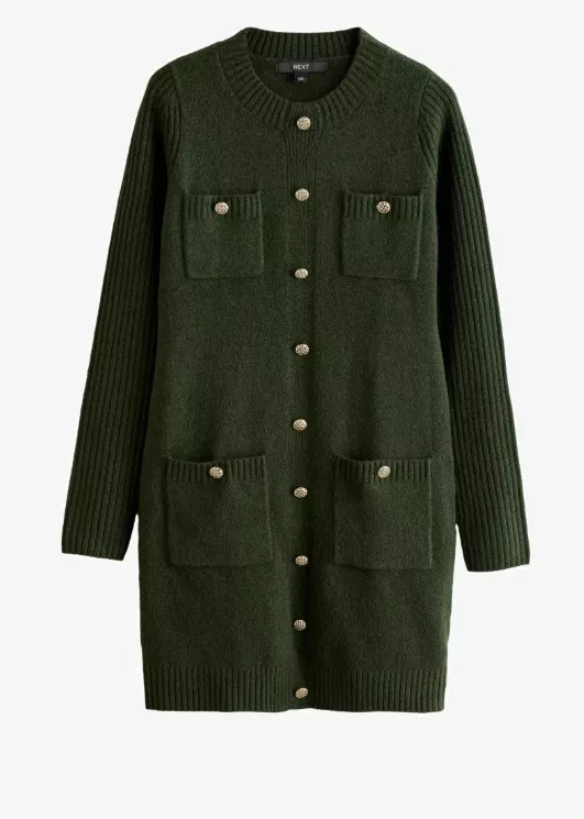 Khaki pletené šaty se zlatými detaily, Next, 800 Kč