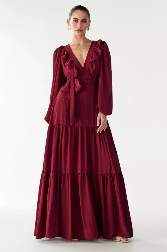 Bordó šaty s volánky a balonovými rukávy, WILLA, 3 999 Kč