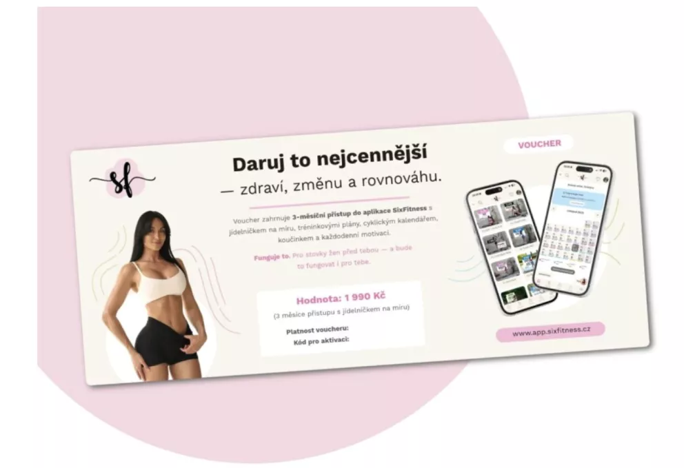 <p><strong>Co voucher obsahuje? 3 měsíce přístupu</strong> do aplikace SixFitness: tréninky, recepty, výzvy, menstruační cyklus, mindset, vzdělávání, j<strong>ídelníček na míru</strong> podle cílů, chutí, preferencí a zdravotního stavu, kompletní přehled režimu, nastavení porcí a energetických hodnot, podporu a vedení v průběhu celého období, obdarovaný se stane klientem SixFitness.</p>
