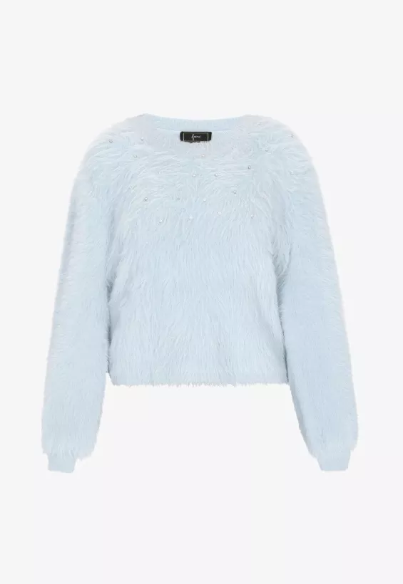 Pastelově modrý svetr s dlouhým chlupem, faina, 999 Kč