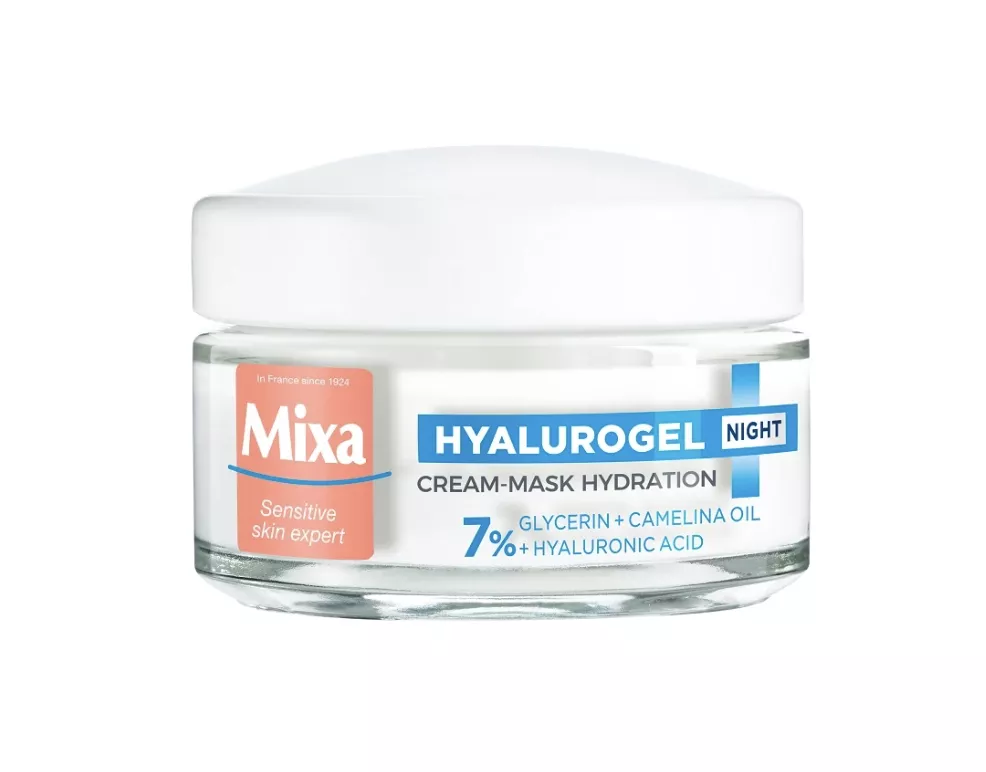 <p>Mixa&nbsp;Hyalurogel noční krém pro citlivou pleť, 239 Kč</p>
