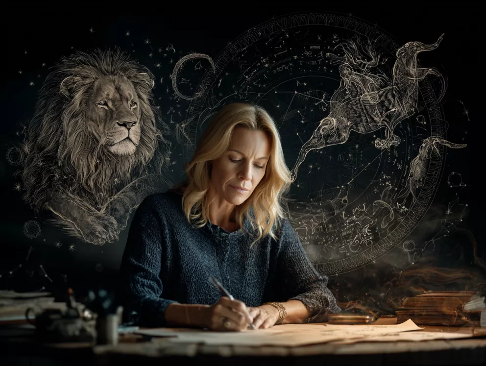 žena astroložka, za ní symbol lva a kozoroha