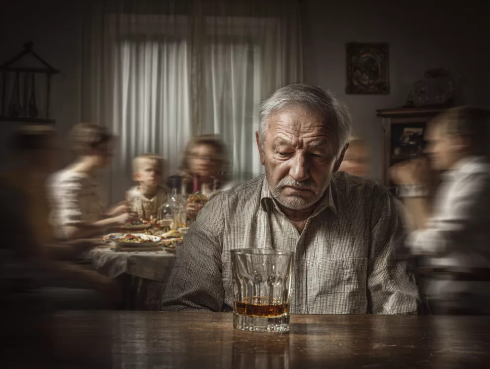 muž sedí se sklenkou alkoholu sám