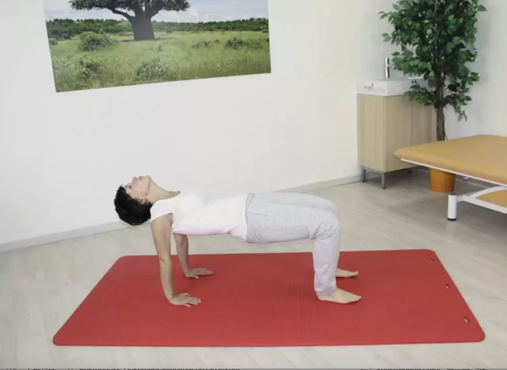 <p><strong>Cvik číslo 6</strong></p>

<p>Posaďte se s nohama nataženýma dopředu, chodidla asi 30 cm od sebe. Tělo vzpřímené, ruce položte dlaněmi na zem vedle hýždí. Bradu přitlačte na hrudník. <strong>S nádechem pomalu zakloňte hlavu a zároveň zdvíhejte tělo na natažených ramenech</strong>. Trup a stehna držte rovnoběžně se zemí. Ruce a lýtka kolmo k zemi (tzv. pozice stolu). Dýchejte. S výdechem zpět do výchozí polohy.</p>
