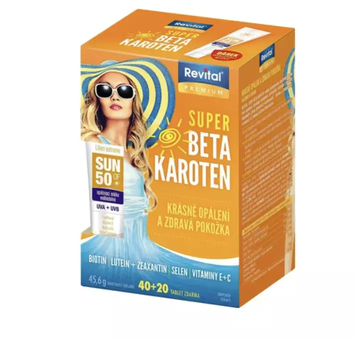<p><strong>Super Betakaroten, 121 Kč</strong></p>

<p>Vitar Super Beta‑karoten s měsíčkem a sedmikráskou je tabletkový doplněk pro podporu pokožky, vlasů a nehtů. Obsahuje&nbsp;<strong>6 mg beta‑karotenu</strong>, komplex karotenoidů z&nbsp;<strong>měsíčku a sedmikrásky</strong>&nbsp;a antioxidanty&nbsp;<strong>vitamin C (40 mg)</strong>&nbsp;a&nbsp;<strong>E (6 mg)</strong>&nbsp;spolu s&nbsp;<strong>biotinem (50 µg)</strong>. Produkt je&nbsp;<strong>bez cukru</strong>, vhodný pro diabetiky; dávkování je 1 tableta obden, při intenzivním slunění 1 tableta denně. Balení 60 tablet vystačí až na&nbsp;<strong>120 dní</strong>. Není určeno pro těhotné a kojící ženy.</p>
