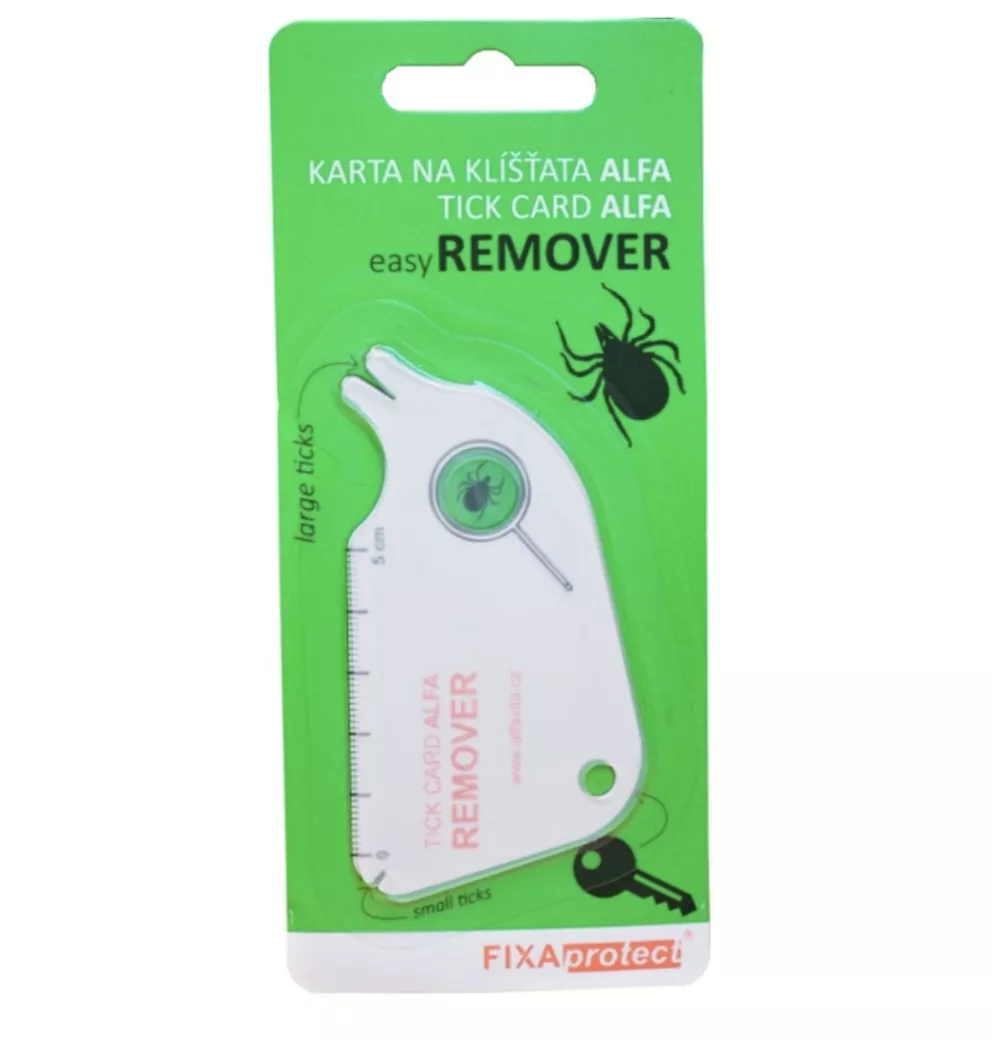 Speciálně přizpůsobená karta k jednoduchému a bezpečnému odstraňování klíšťat.
