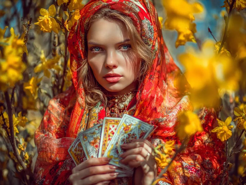 žena v jarní přírodě s tarotovými kartami