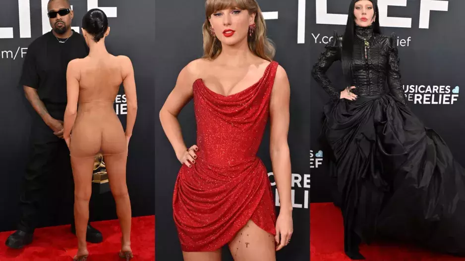 Grammy 2025: Úlety z červeného koberce. Bianca Censori překvapila zcela nahá, Taylor Swift šperkem v rozkroku a Lady Gaga jako královna temnot