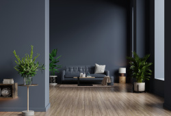 S tmavě šedou barvou je potřeba zacházet opatrně, opticky zmenšuje místnosti a nehodí se do malých prostorů. V kombinaci s podlahou se světlým dekorem dřeva a pokojovými rostlinami jde však o velmi moderně vypadající interiér. 