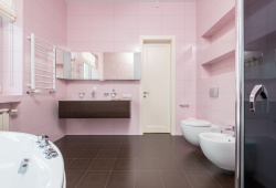 Všestranná růžová lze použít snad do všech místností, kdy koupelna není výjimkou. 